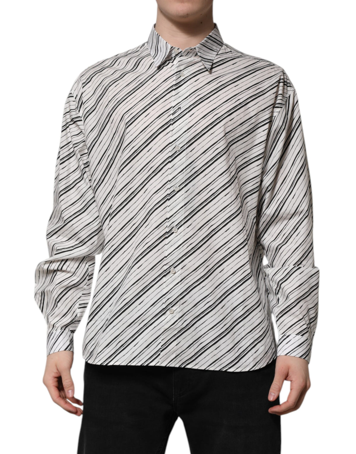 Dolce & Gabbana Men's Regular Fit Long-Sleeve Cotton Dress Shirt - Black White Striped
