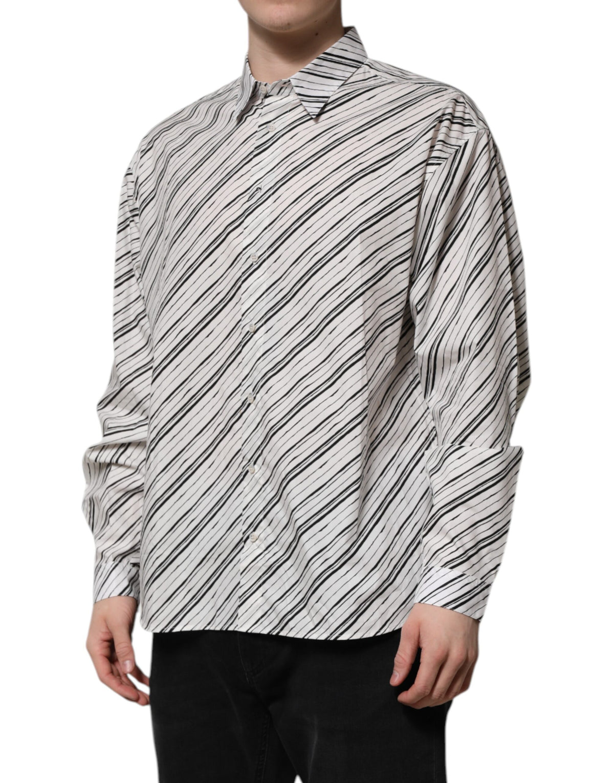 Dolce & Gabbana Men's Regular Fit Long-Sleeve Cotton Dress Shirt - Black White Striped