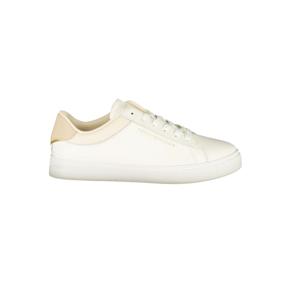 Athletic Sneakers by Tommy Hilfiger for women in polyester polyethylene leather beige & signature features an architectural silhouette from the Women's Athletic Polyester Polyethylene Leather Sneakers collection, showcasing a architectural athletic style for a architectural look.