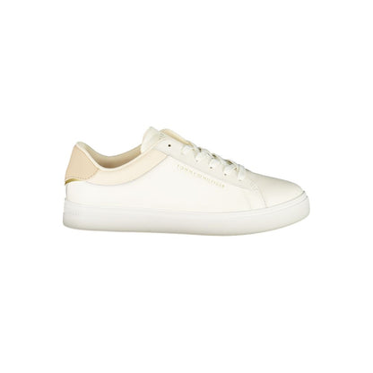 Athletic Sneakers by Tommy Hilfiger for women in polyester polyethylene leather beige & signature features an architectural silhouette from the Women's Athletic Polyester Polyethylene Leather Sneakers collection, showcasing a architectural athletic style for a architectural look.