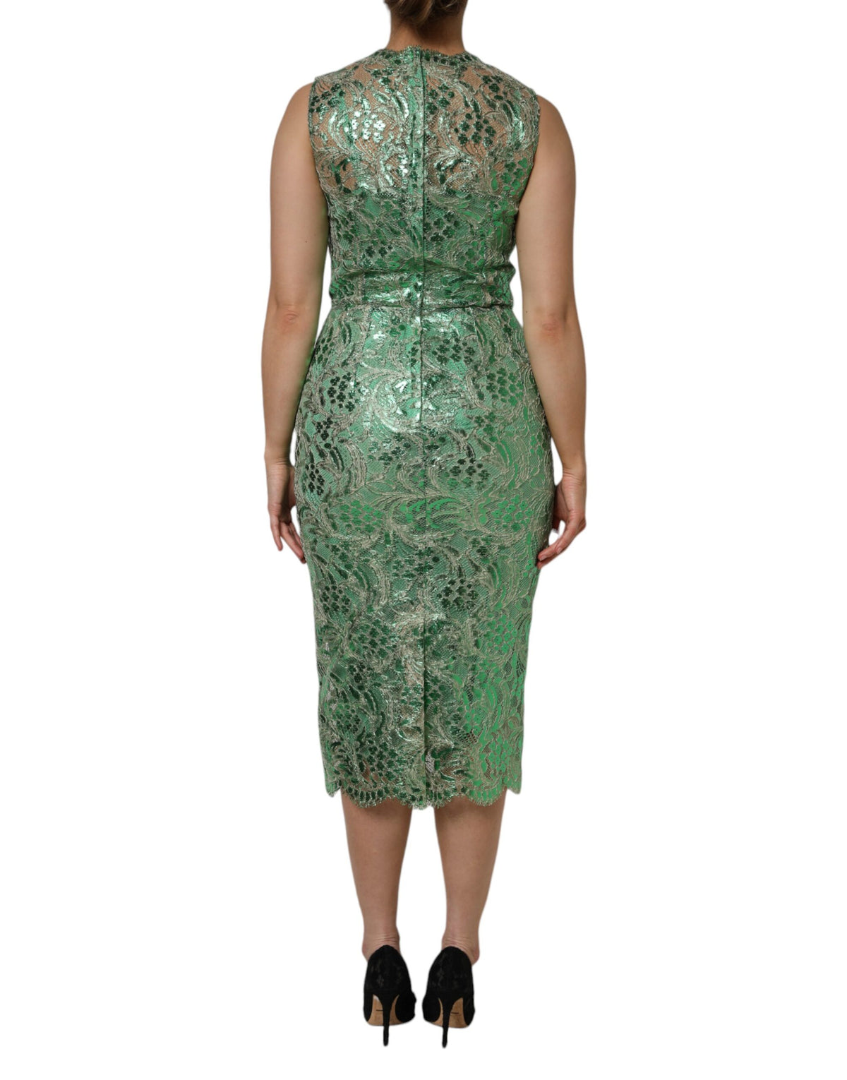 Dolce & Gabbana Women's Sheath Round Neck Cotton Silk Lace & Viscose Midi Dress - Green Floral