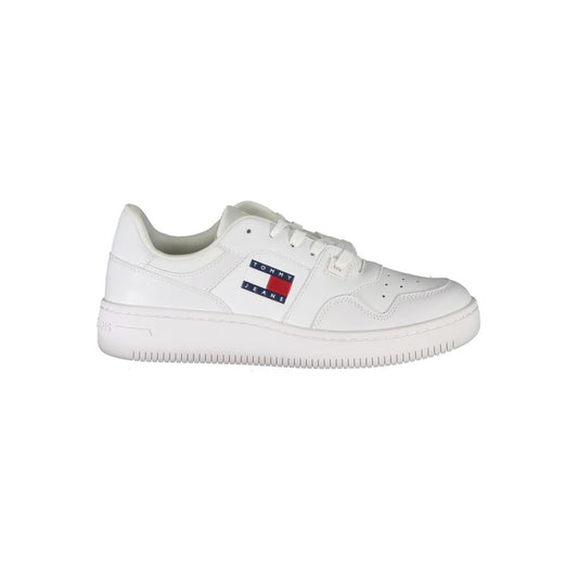 Sneakers by Tommy Hilfiger for women in polyester polyethylene leather white & signature features an opulent silhouette from the Women's Casual Polyester Polyethylene Leather Sneakers collection, showcasing a signature casual style with an opulent finish.