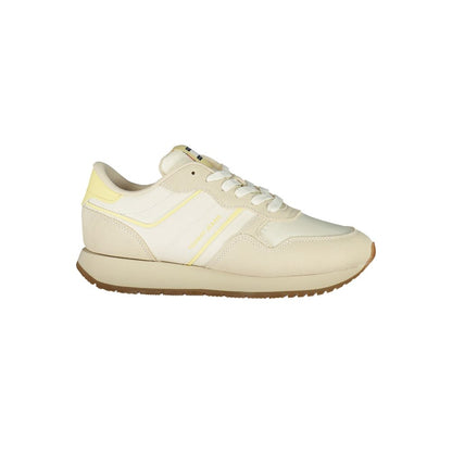 Athletic Sneakers by Tommy Hilfiger for women in polyester polyethylene leather beige features an architectural silhouette from the Women's Athletic Polyester Polyethylene Leather Sneakers collection, showcasing a architectural athletic style for a architectural look.