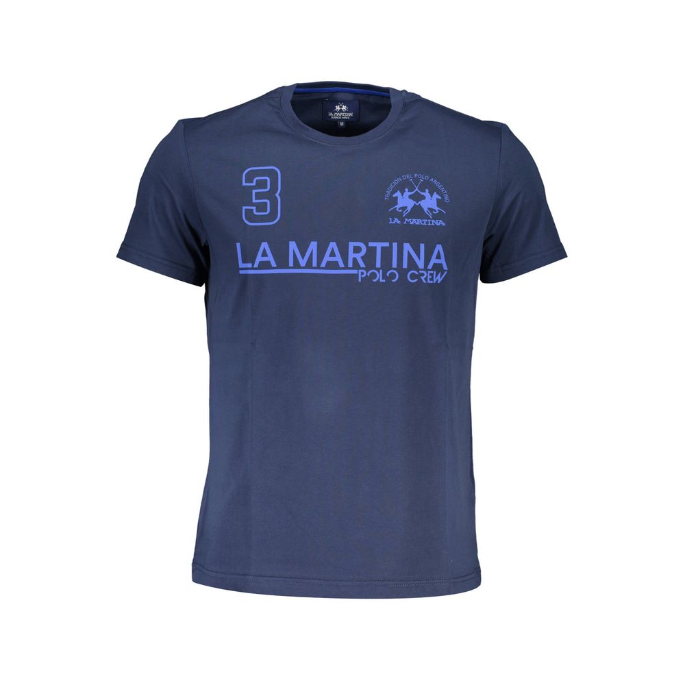 T-Shirt by La Martina for men in cotton blue & print showcases a dramatic silhouette, elegantly detailed with a dramatic crew neckline and short-sleeve for a truly dramatic finish.