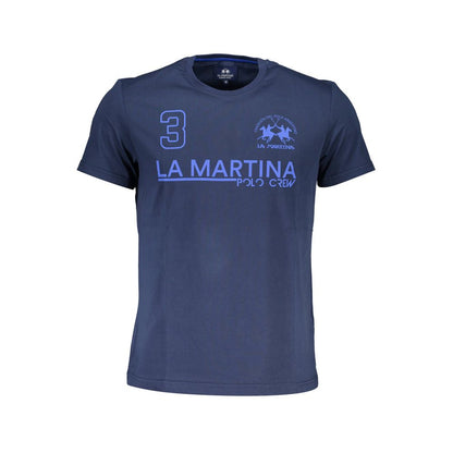 T-Shirt by La Martina for men in cotton blue & print showcases a dramatic silhouette, elegantly detailed with a dramatic crew neckline and short-sleeve for a truly dramatic finish.