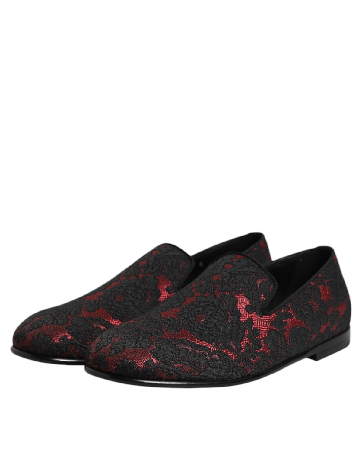 Dolce & Gabbana Men's Leather Loafer Slip-On Shoes - Black Red Jacquard