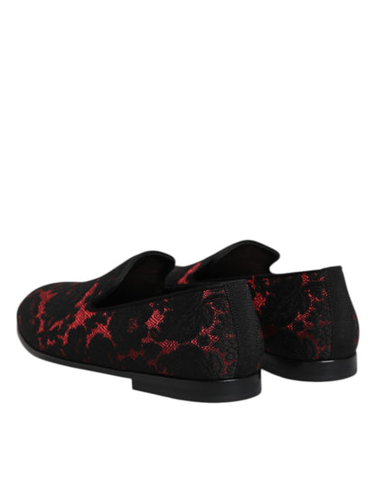 Dolce & Gabbana Men's Leather Loafer Slip-On Shoes - Black Red Jacquard