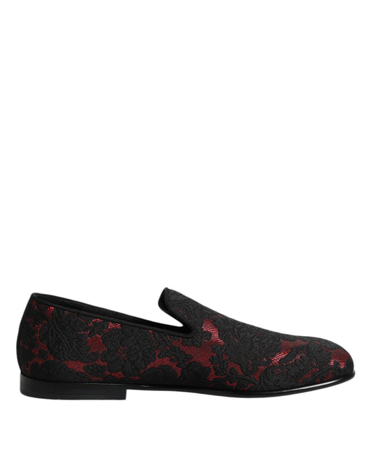 Dolce & Gabbana Men's Leather Loafer Slip-On Shoes - Black Red Jacquard