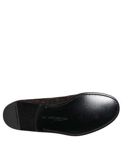 Dolce & Gabbana Men's Leather Loafer Slip-On Shoes - Black Red Jacquard