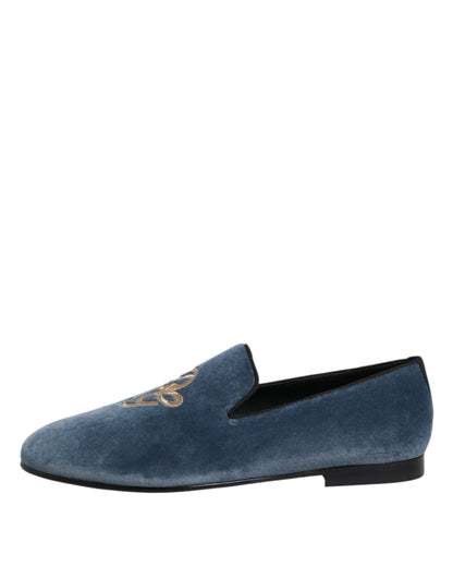 Dolce & Gabbana Blue Velvet DG Logo Loafers Formal Shoes