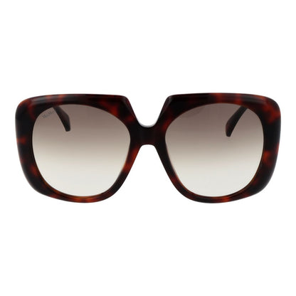 This Sunglasses by Max Mara for women in acetate brown presents a sumptuous silhouette, showcasing a sumptuous full-rim round frame design in brown coloured frame and high-performance gradient category-2-medium-tint lens.
