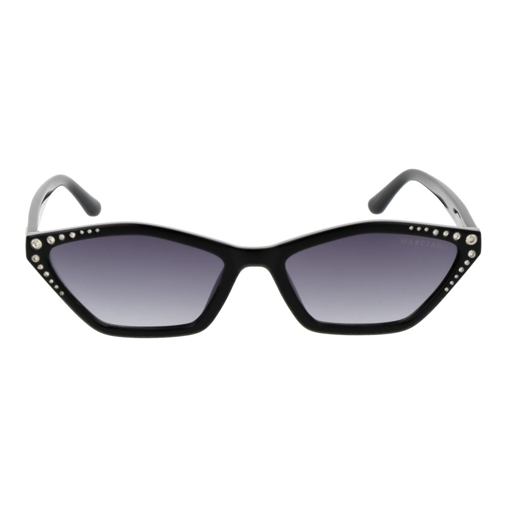 This Sunglasses by Marciano by Guess for women in plastic black presents a sumptuous silhouette, showcasing a sumptuous full-rim geometric frame design in black coloured frame and high-performance gradient category-3-dark-tint lens.