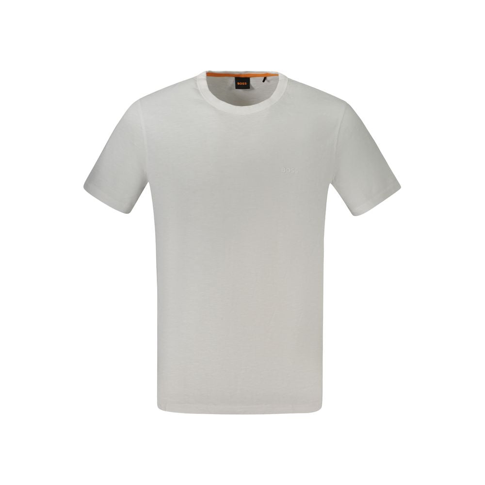 T-Shirt by Hugo Boss for men in cotton white & print showcases a fashionable silhouette, elegantly detailed with a fashionable short-sleeve and crew neckline for a sophisticated, high-fashion look.