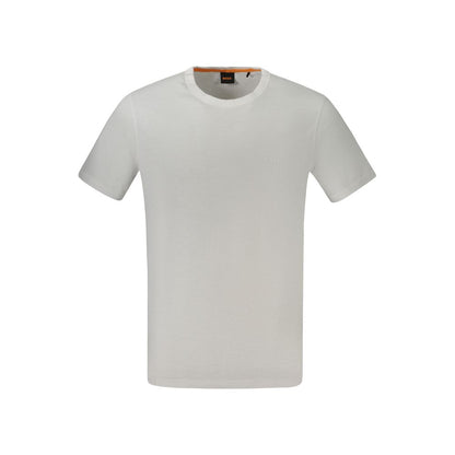 T-Shirt by Hugo Boss for men in cotton white & print showcases a fashionable silhouette, elegantly detailed with a fashionable short-sleeve and crew neckline for a sophisticated, high-fashion look.