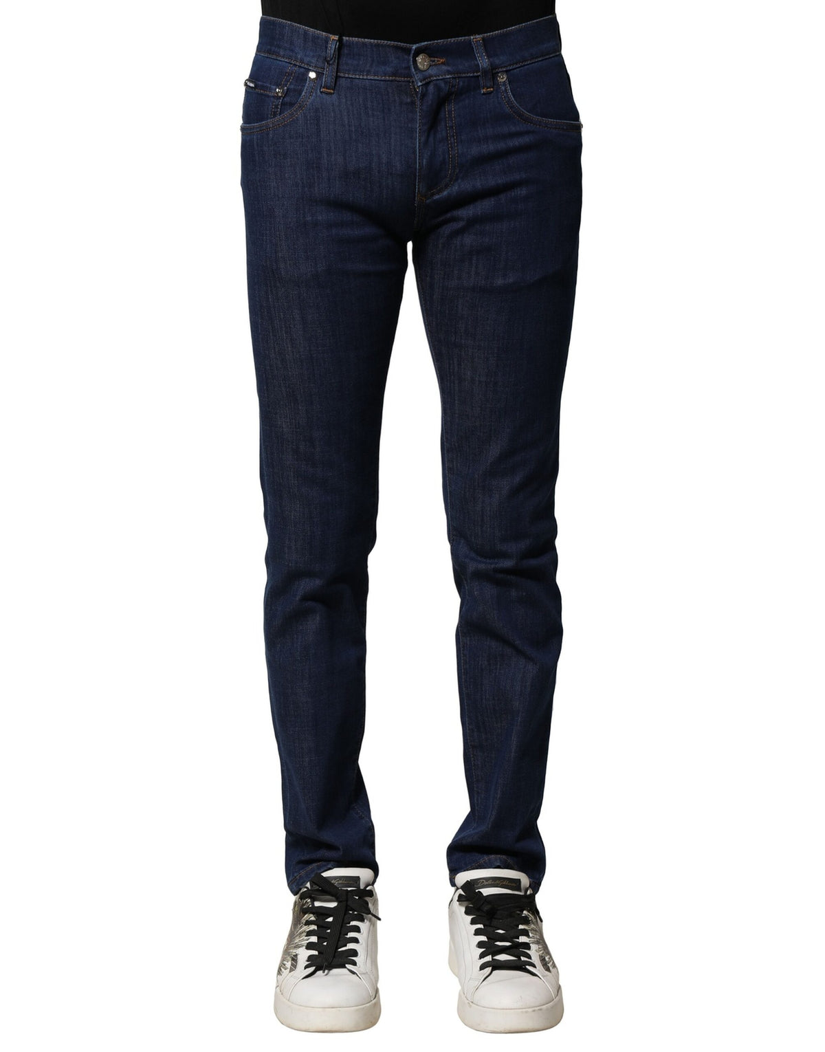Jeans by Dolce & Gabbana for men in polyester stretch denim cotton blue features a polished silhouette with a polished skinny, reaching a polished long and finished with a polished .