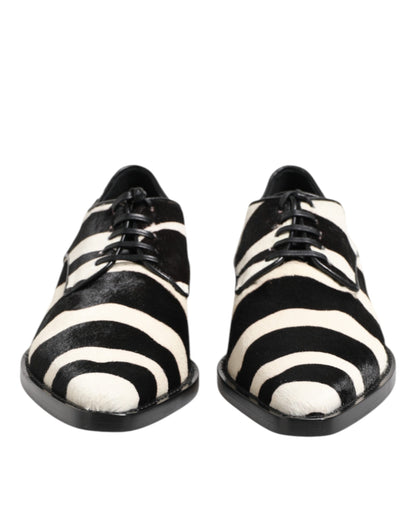 Dolce & Gabbana Pony Men's Calf Fur & Lambskin Leather Derby Lace-Up Shoes - Black White Zebra