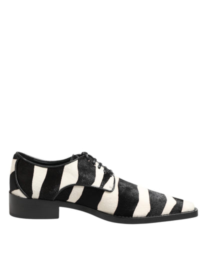 Dolce & Gabbana Pony Men's Calf Fur & Lambskin Leather Derby Lace-Up Shoes - Black White Zebra