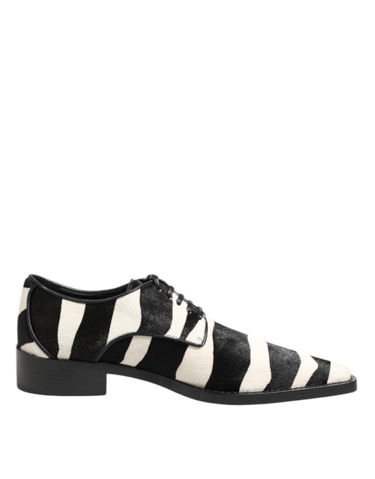 Dolce & Gabbana Pony Men's Calf Fur & Lambskin Leather Derby Lace-Up Shoes - Black White Zebra