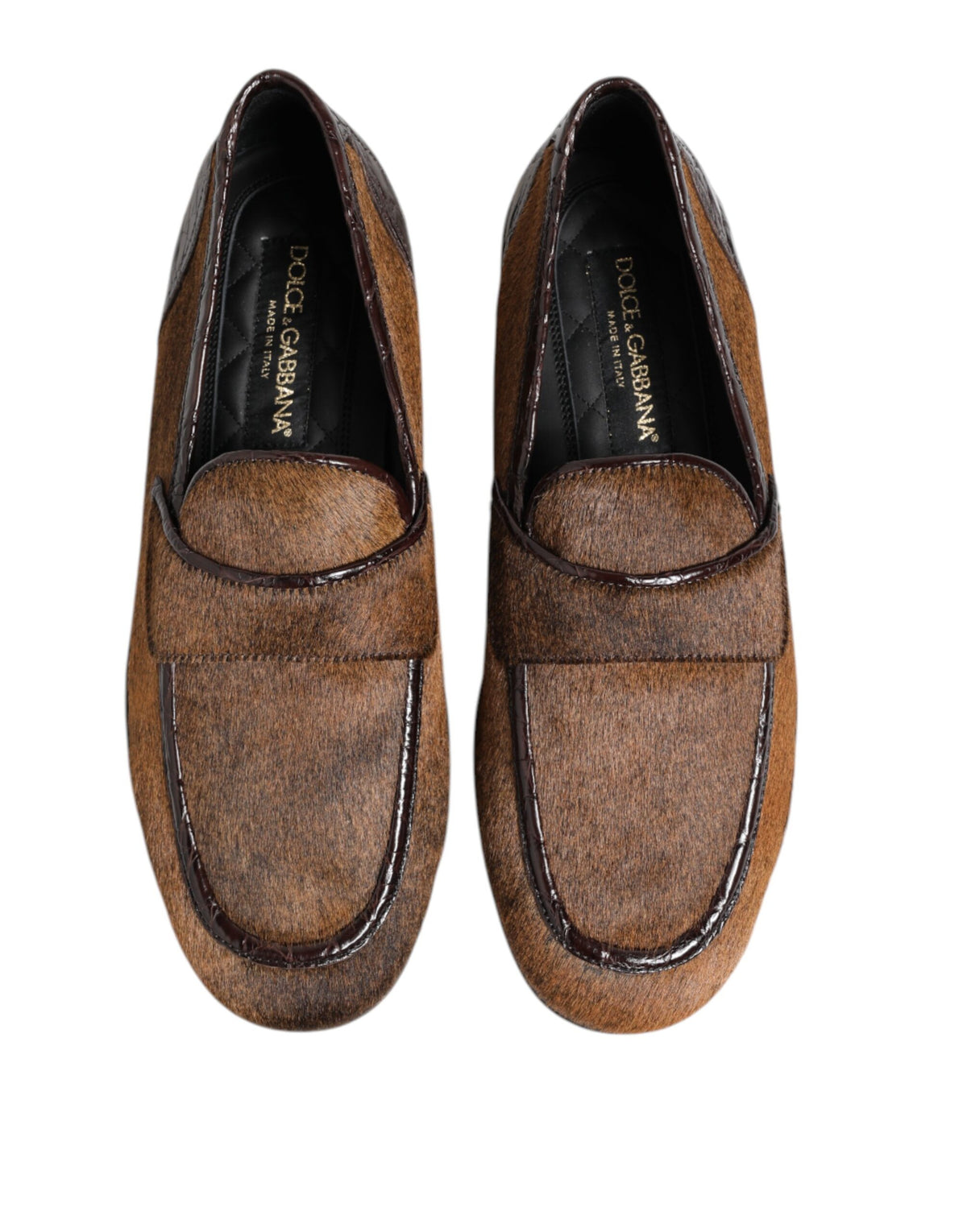 Dolce & Gabbana Men's Caiman Leather & Calf Fur Loafer Slip-On Slippers Shoes - Brown
