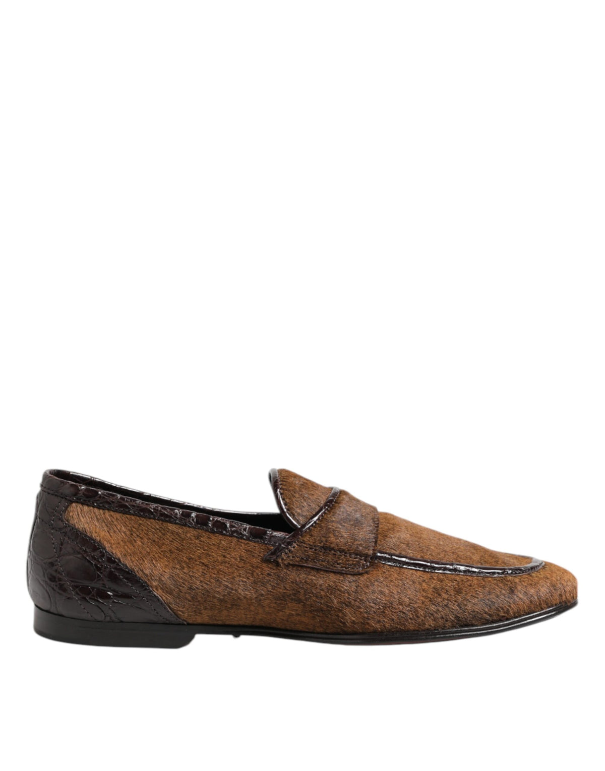 Dolce & Gabbana Men's Caiman Leather & Calf Fur Loafer Slip-On Slippers Shoes - Brown