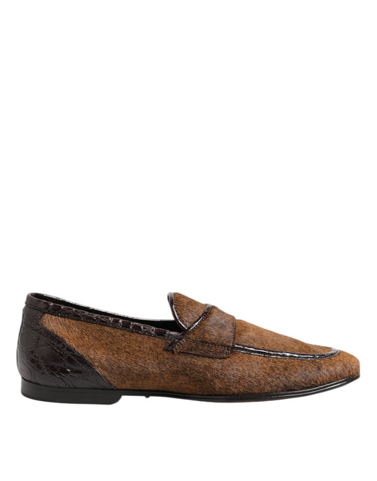 Dolce & Gabbana Men's Caiman Leather & Calf Fur Loafer Slip-On Slippers Shoes - Brown