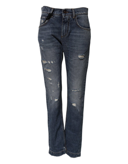 Dolce & Gabbana Heart Women's Regular Fit Boyfriend Mid Rise Denim Cotton Jeans - Blue