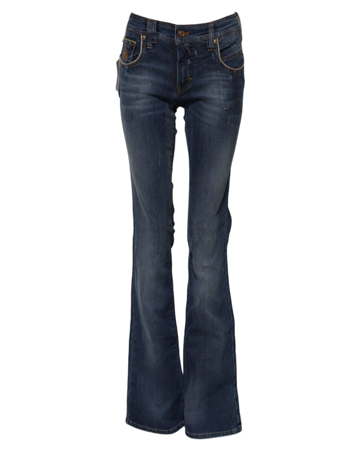 John Galliano Women's Flared Wide Mid Rise Stretch Denim Cotton Jeans - Blue