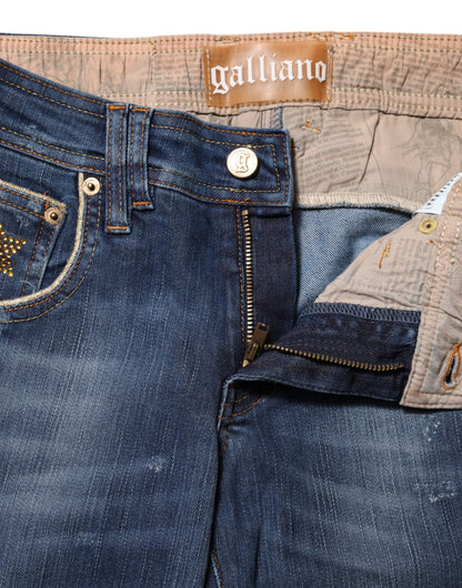 John Galliano Women's Flared Wide Mid Rise Stretch Denim Cotton Jeans - Blue