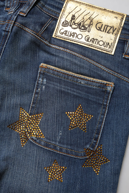 John Galliano Women's Flared Wide Mid Rise Stretch Denim Cotton Jeans - Blue
