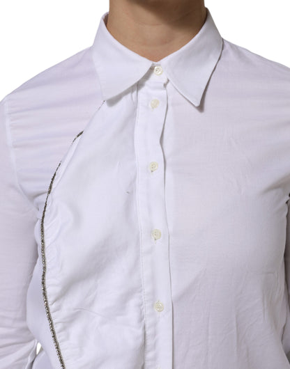 AGLINI White Cotton Collared Long Sleeves Ruffle Top Shirt