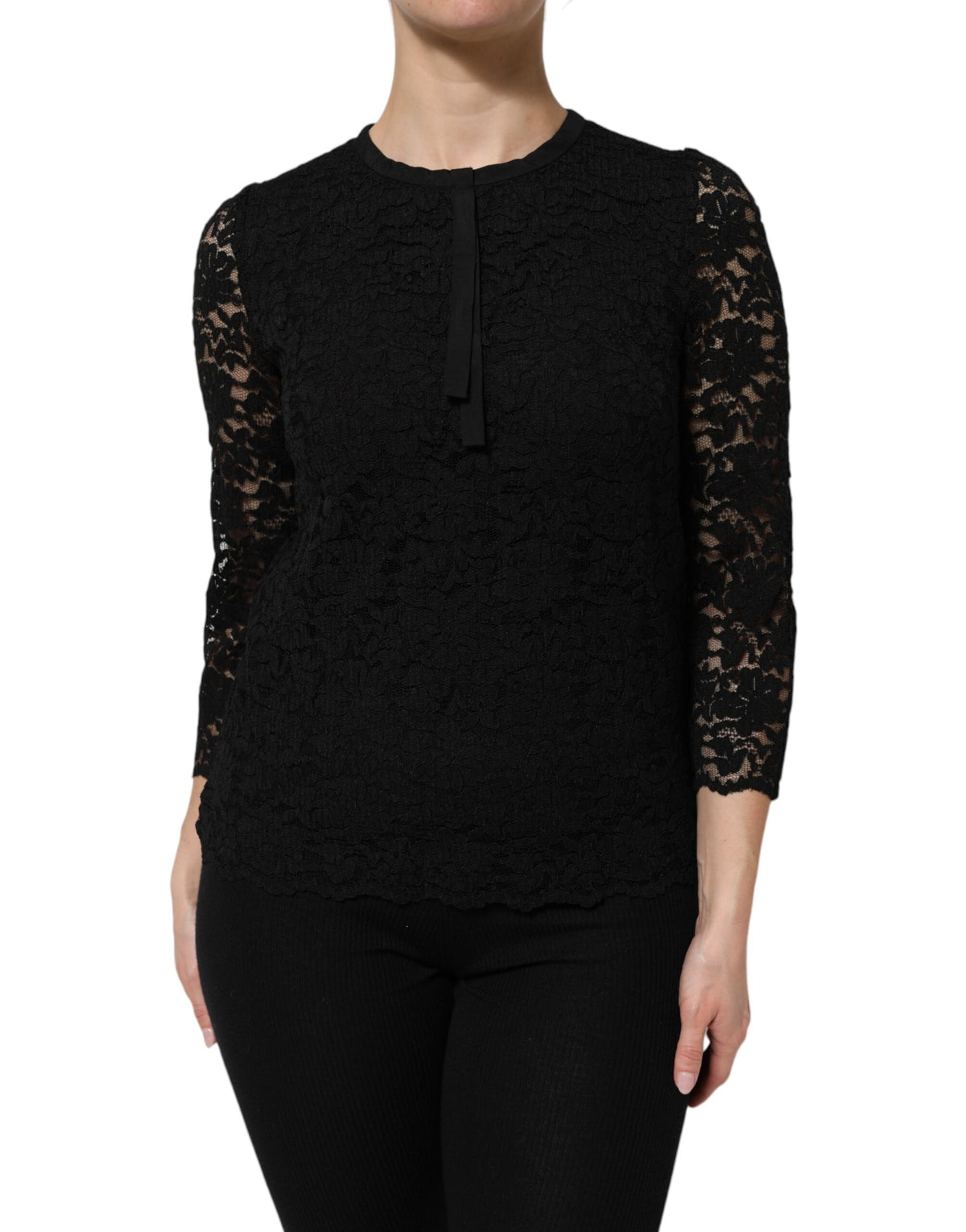 Dolce & Gabbana Women's Long-Sleeve Crew Neck Nylon Viscose & Lace Blouse - Black