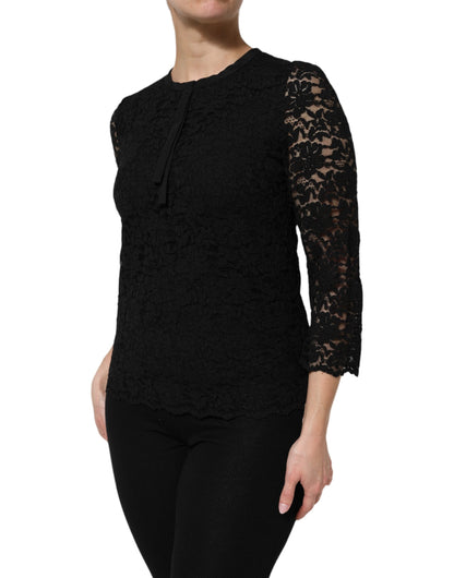 Dolce & Gabbana Women's Long-Sleeve Crew Neck Nylon Viscose & Lace Blouse - Black