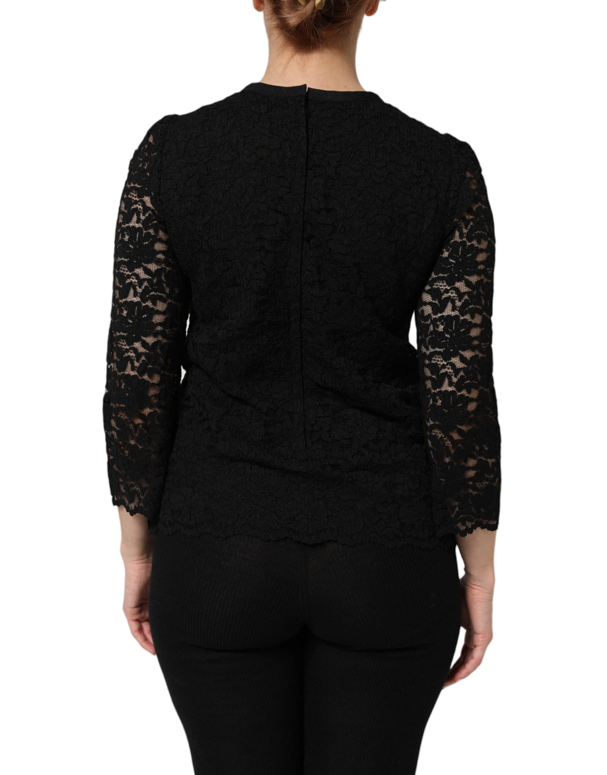 Dolce & Gabbana Women's Long-Sleeve Crew Neck Nylon Viscose & Lace Blouse - Black