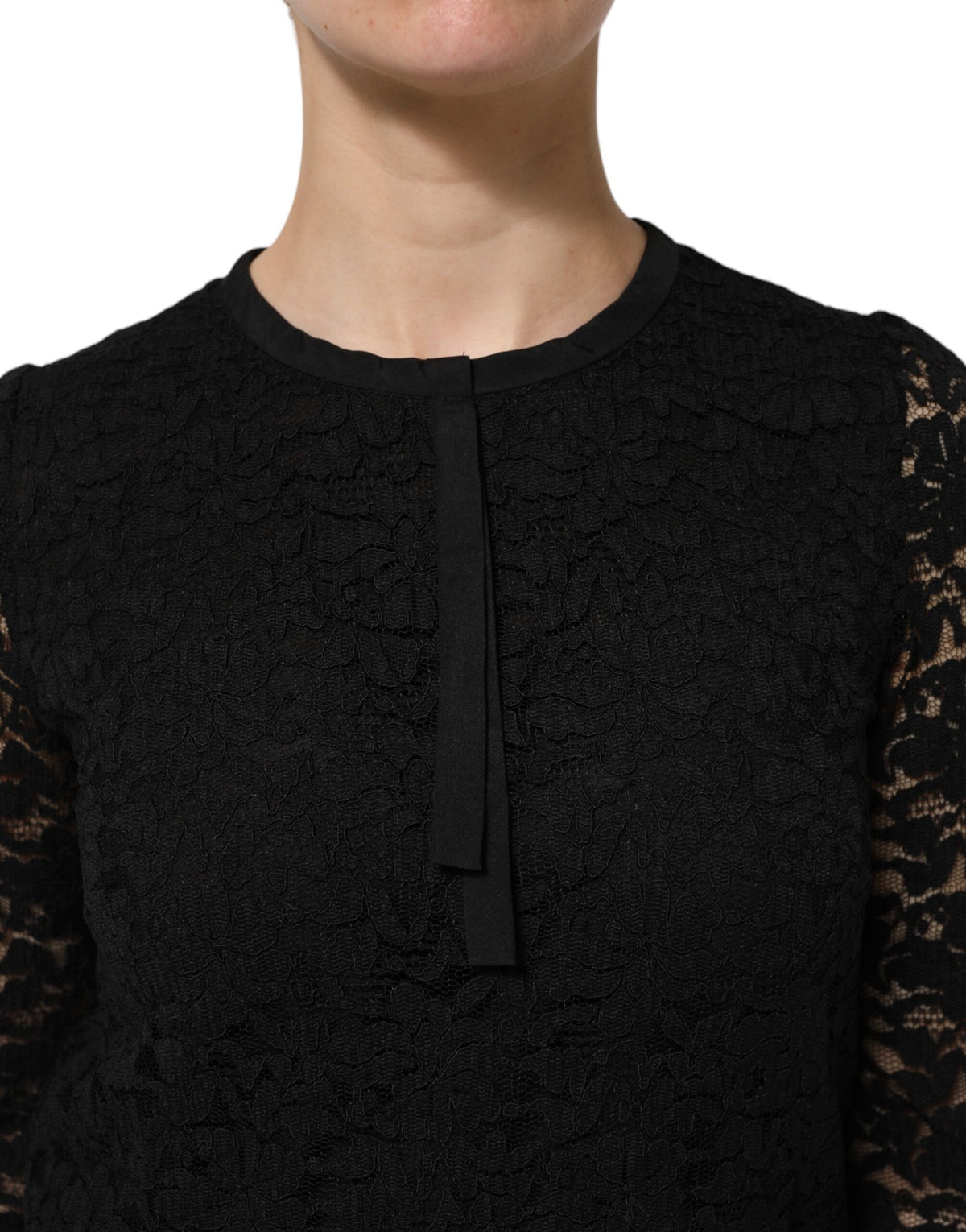 Dolce & Gabbana Women's Long-Sleeve Crew Neck Nylon Viscose & Lace Blouse - Black