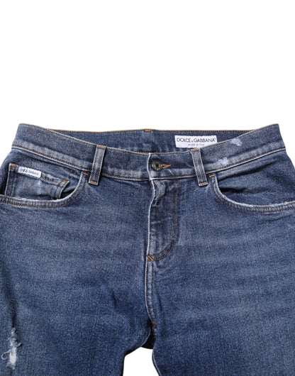 Dolce & Gabbana Blue Cotton Logo Plaque Skinny Men Denim Jeans