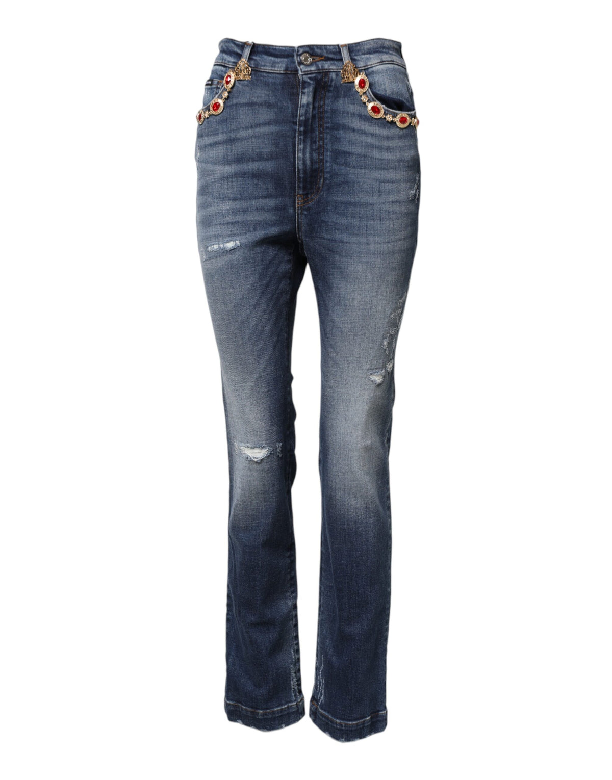 Dolce & Gabbana Women's Tapered Leg Regular Fit High Rise Stretch Denim Cotton & Rhinestone Jeans - Blue