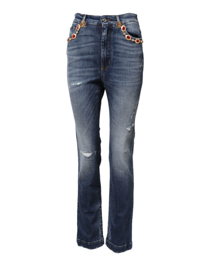 Dolce & Gabbana Women's Tapered Leg Regular Fit High Rise Stretch Denim Cotton & Rhinestone Jeans - Blue