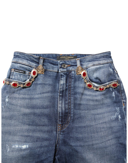 Dolce & Gabbana Women's Tapered Leg Regular Fit High Rise Stretch Denim Cotton & Rhinestone Jeans - Blue