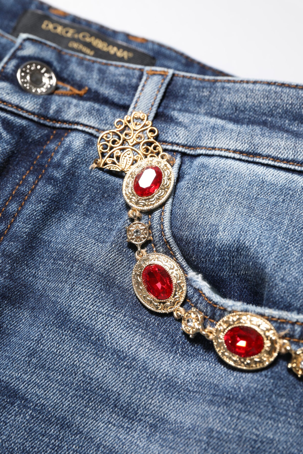 Dolce & Gabbana Women's Tapered Leg Regular Fit High Rise Stretch Denim Cotton & Rhinestone Jeans - Blue