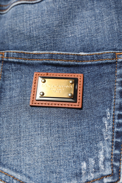 Dolce & Gabbana Women's Tapered Leg Regular Fit High Rise Stretch Denim Cotton & Rhinestone Jeans - Blue