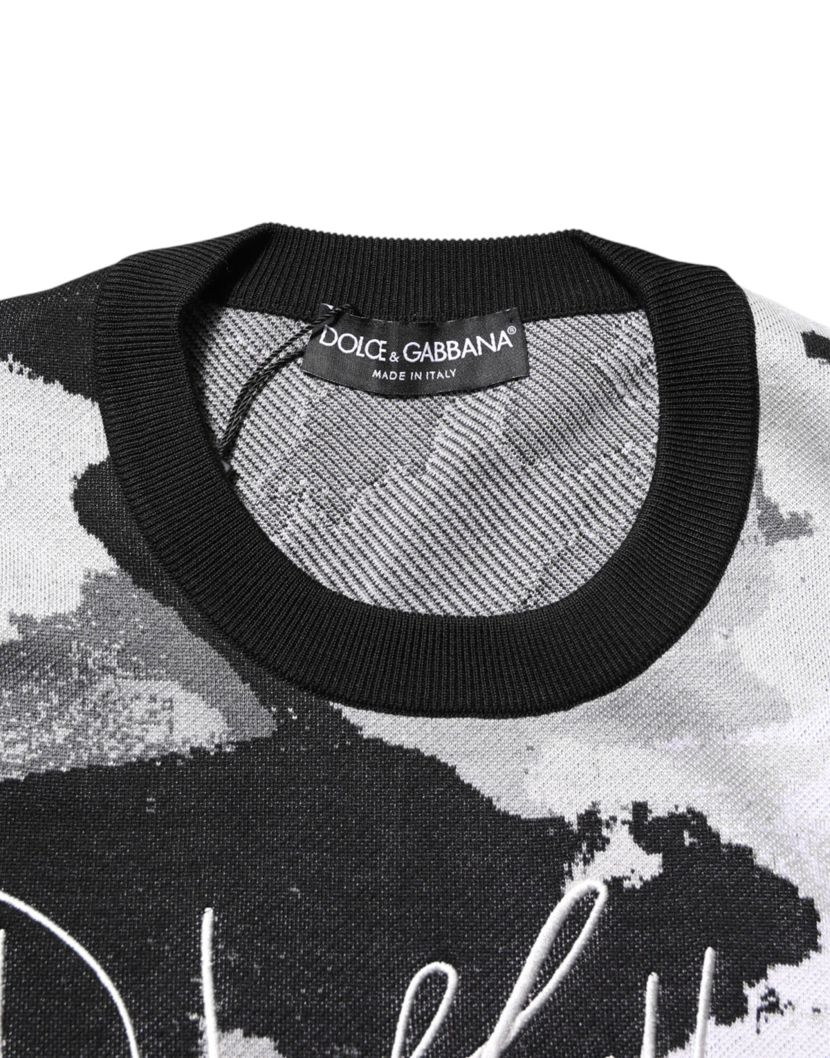 Dolce & Gabbana Men's Regular Fit Crew Neck Silk Sweater - Black Multicolor White Camouflage Signature Print