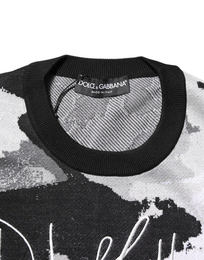 Dolce & Gabbana Men's Regular Fit Crew Neck Silk Sweater - Black Multicolor White Camouflage Signature Print