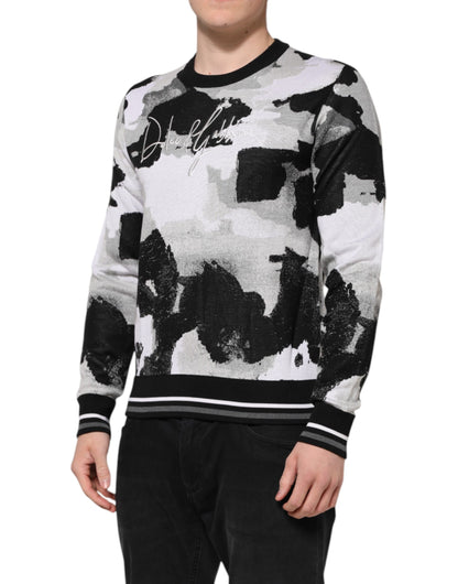 Dolce & Gabbana Men's Regular Fit Crew Neck Silk Sweater - Black Multicolor White Camouflage Signature Print