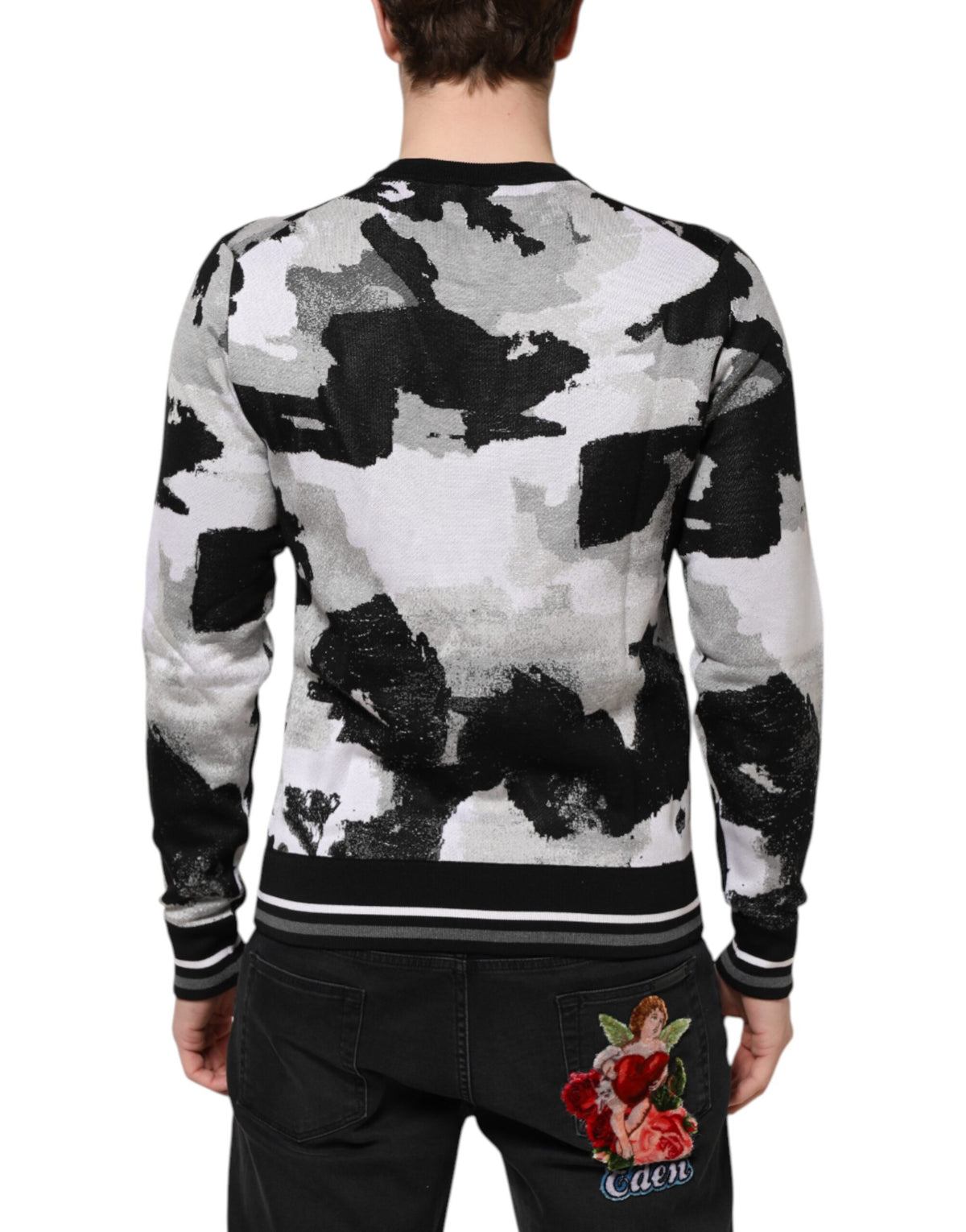 Dolce & Gabbana Men's Regular Fit Crew Neck Silk Sweater - Black Multicolor White Camouflage Signature Print