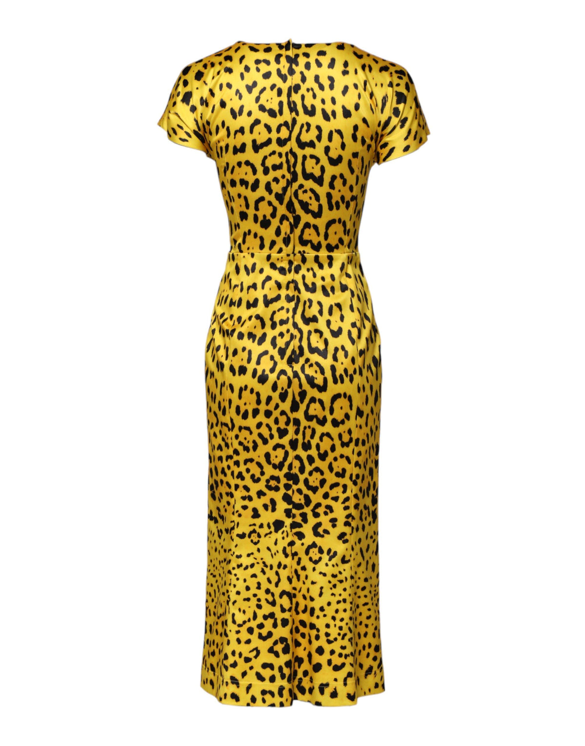 Dolce & Gabbana Women's Sheath Bodycon Short-Sleeve Round Neck Polyester Silk Satin & Acetate Midi Short Dress - Black Yellow Leopard Print Print