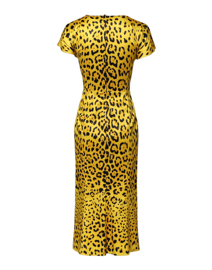 Dolce & Gabbana Women's Sheath Bodycon Short-Sleeve Round Neck Polyester Silk Satin & Acetate Midi Short Dress - Black Yellow Leopard Print Print