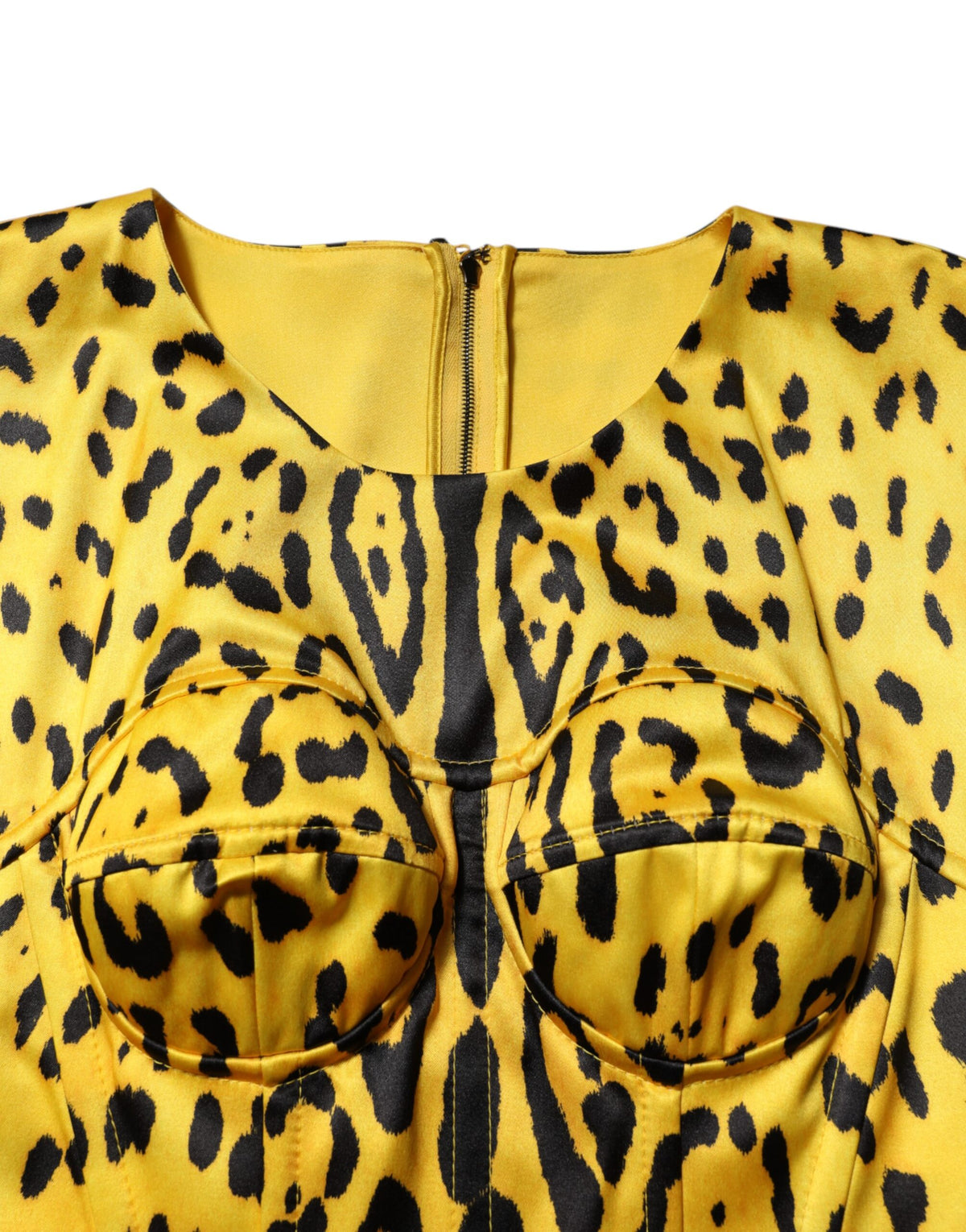 Dolce & Gabbana Women's Sheath Bodycon Short-Sleeve Round Neck Polyester Silk Satin & Acetate Midi Short Dress - Black Yellow Leopard Print Print