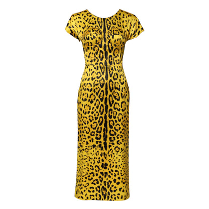 Dolce & Gabbana Women's Sheath Bodycon Short-Sleeve Round Neck Polyester Silk Satin & Acetate Midi Short Dress - Black Yellow Leopard Print Print
