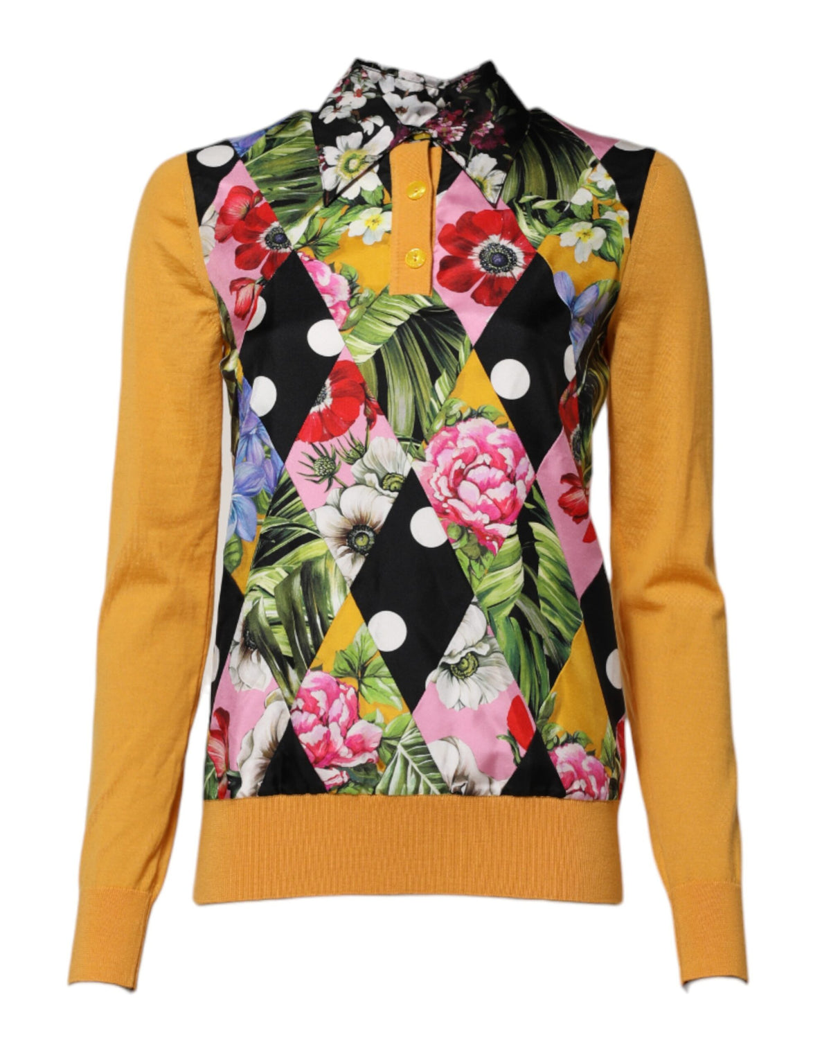 Dolce & Gabbana Women's Long-Sleeve Cashmere Nylon & Silk Polo Shirt - Multicolor Floral Print