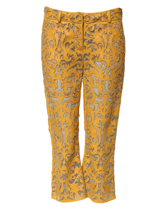 Dolce & Gabbana Capri Women's Cropped Mid Rise Polyester Lace & Bull Leather Jeans - Yellow Patterned Floral